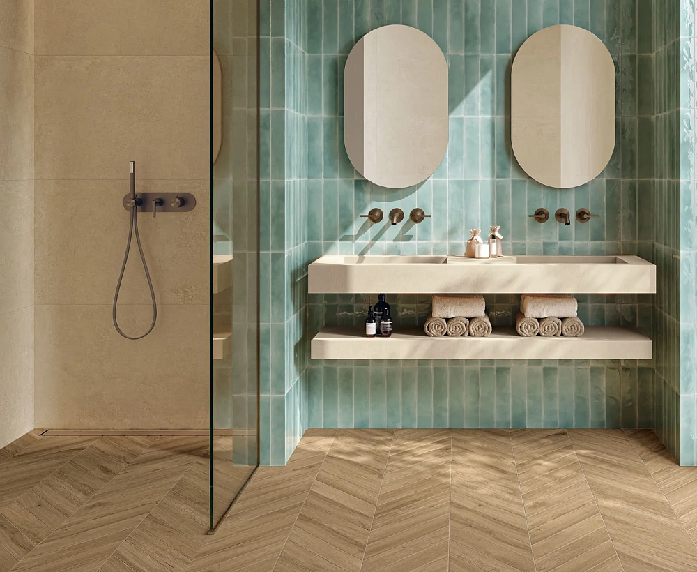 Fusion Oak | Golden Chevron - Rinascente Fusion Calce - Aquamarina Brick Aurea